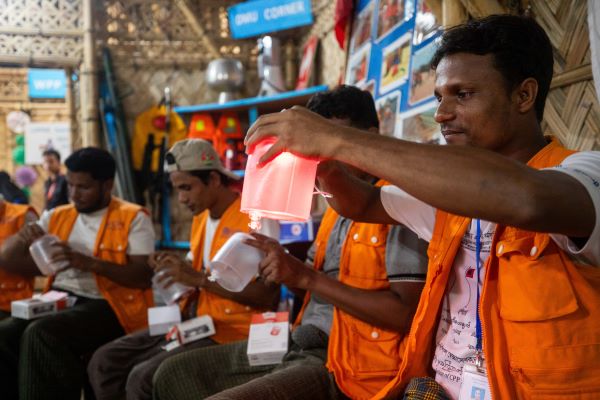 Inflatable, solar-powered lights provide an additional source of light for natural disaster programs.